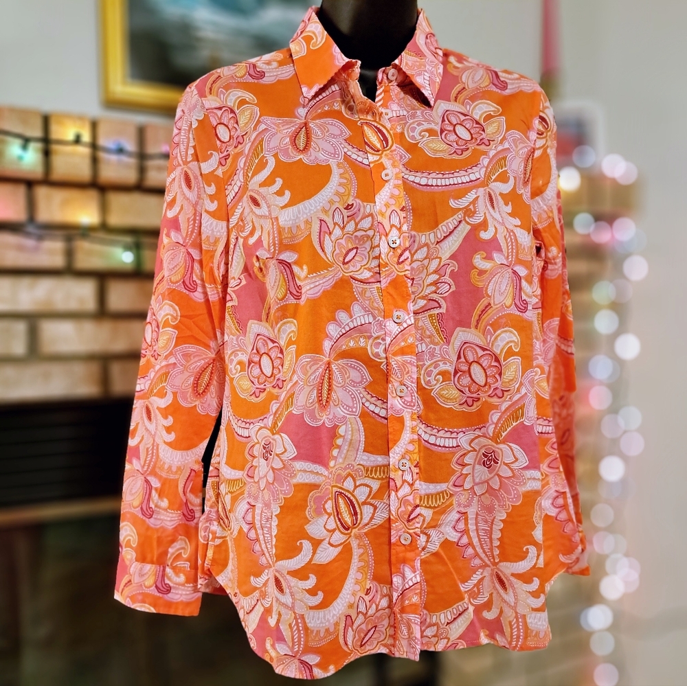 NWT Talbots Orange and Pink Paisley Blouse Petite Small